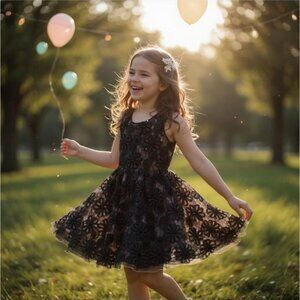 Girls Black Floral Lace Party Dress ✦ Knit Works ✦ Pink Lining ✦ Twirl Skirt 10